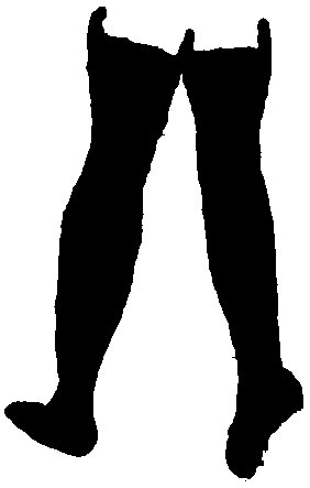 A high-contrast black silhouette of a pair of legs from the upper thighs down. The legs are extended downward in a slight V-shape, with the left foot pointing outward to the left and the right foot angled slightly downward.