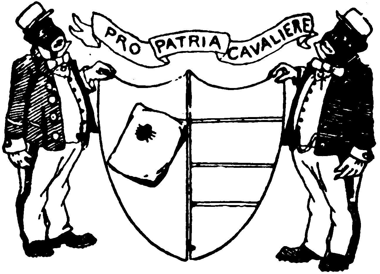 A satirical black-and-white ink illustration of a coat of arms. The central shield is split vertically down the middle; the left side features a pillow with a small ant, while the right side is divided into four horizontal blank bars. Flanking the shield as supporters are two Black men in caricature style, dressed in railway porter attire. A flowing banner arches over the top of the shield carrying the Latin motto "PRO PATRIA CAVALIERE".