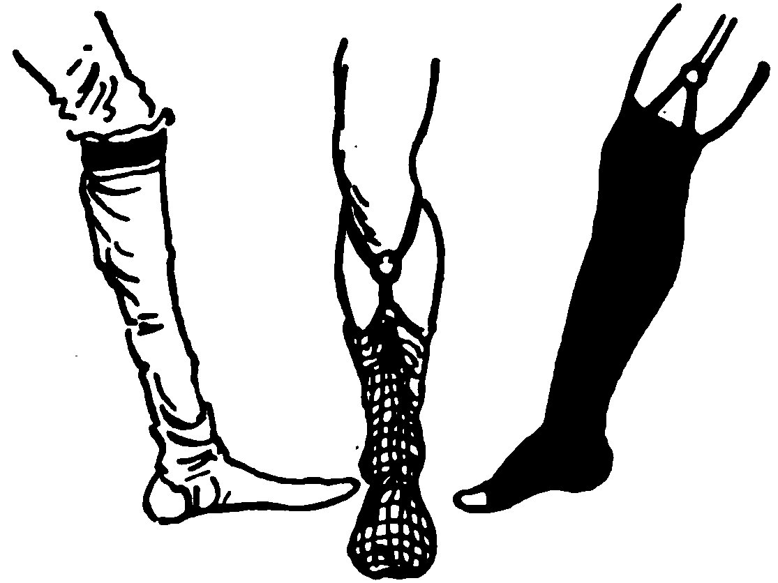’roundThree line drawings of legs showing different styles of historical hosiery: on the left, a loose, wrinkled stocking held below the knee by a simple garter band; in the middle, a front-facing leg wearing a mesh-patterned stocking secured by a buttoned strap below the knee; and on the right, a solid black stocking held up by a garter suspender.