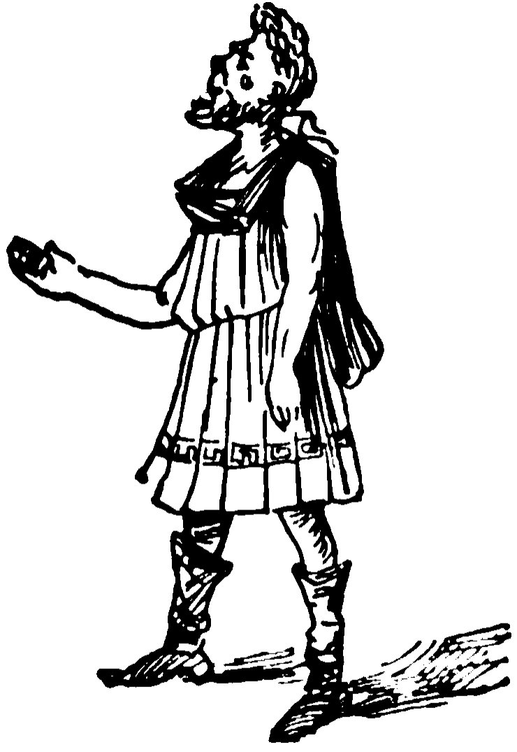 A black-and-white ink illustration of a bearded man in profile facing left, dressed in a short, pleated classical Greek tunic with a geometric Greek key pattern along the hem.