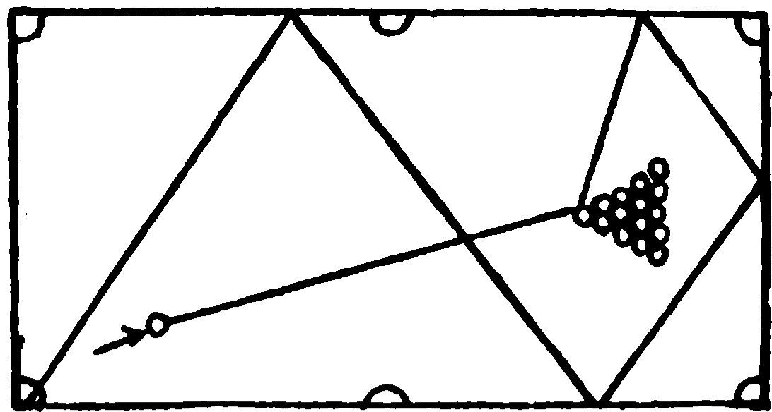 A top-down line diagram of a rectangular pool table showing six pockets, a cue ball with an arrow indicating its trajectory, and a triangular rack of fifteen object balls. Solid black lines map out complex geometric angles and bounce paths across the table cushions.
