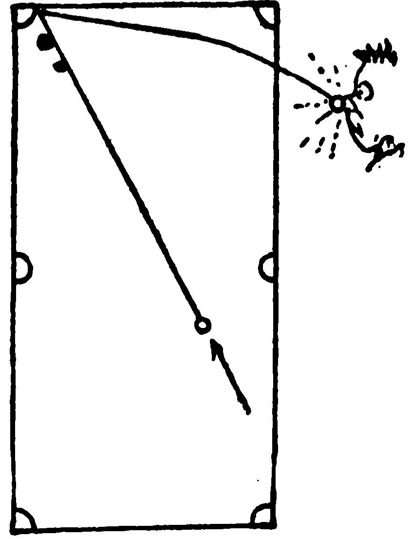 A top-down line diagram of a vertical pool table layout. An arrow points to a cue ball moving toward the upper left corner pocket, while a curved line tracks a ball flying completely off the top-right edge of the table, striking one of the spectators full in the nose.
