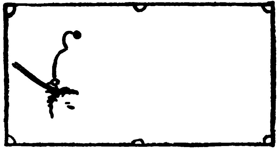 A top-down line diagram of a rectangular pool table with six pockets. On the left side of the table, a pool cue strikes a cue ball, creating a small, messy impact scribble. From the hit, a wavy, curved line traces the erratic path of the ball across the green, ending at a small, solid black circle.