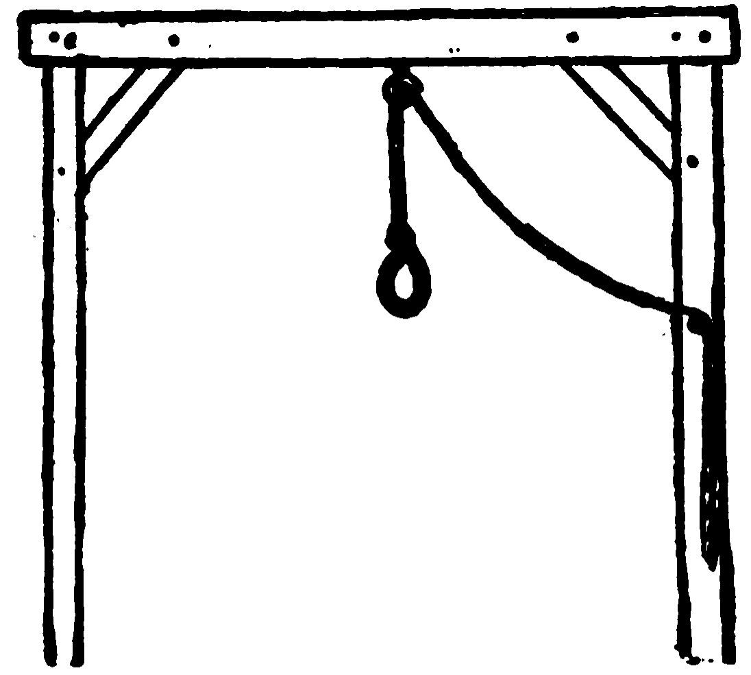 A simple black-and-white line drawing of a wooden gallows structure. It consists of a horizontal crossbeam supported by two vertical side posts with diagonal corner braces. A rope hangs from the center of the crossbeam, terminating in a noose, with the rest of the rope trailing down toward the right post.