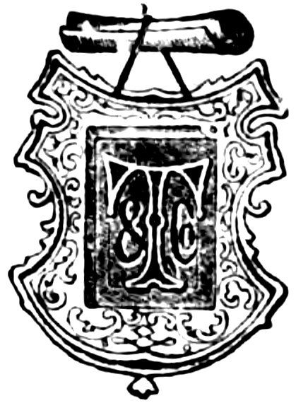An ornate shield emblem featuring the stylized, intertwined monogram letters "T & Co" or "T and C" at the center, framed by decorative scrollwork, with a rolled scroll or document suspended by a cord at the top.