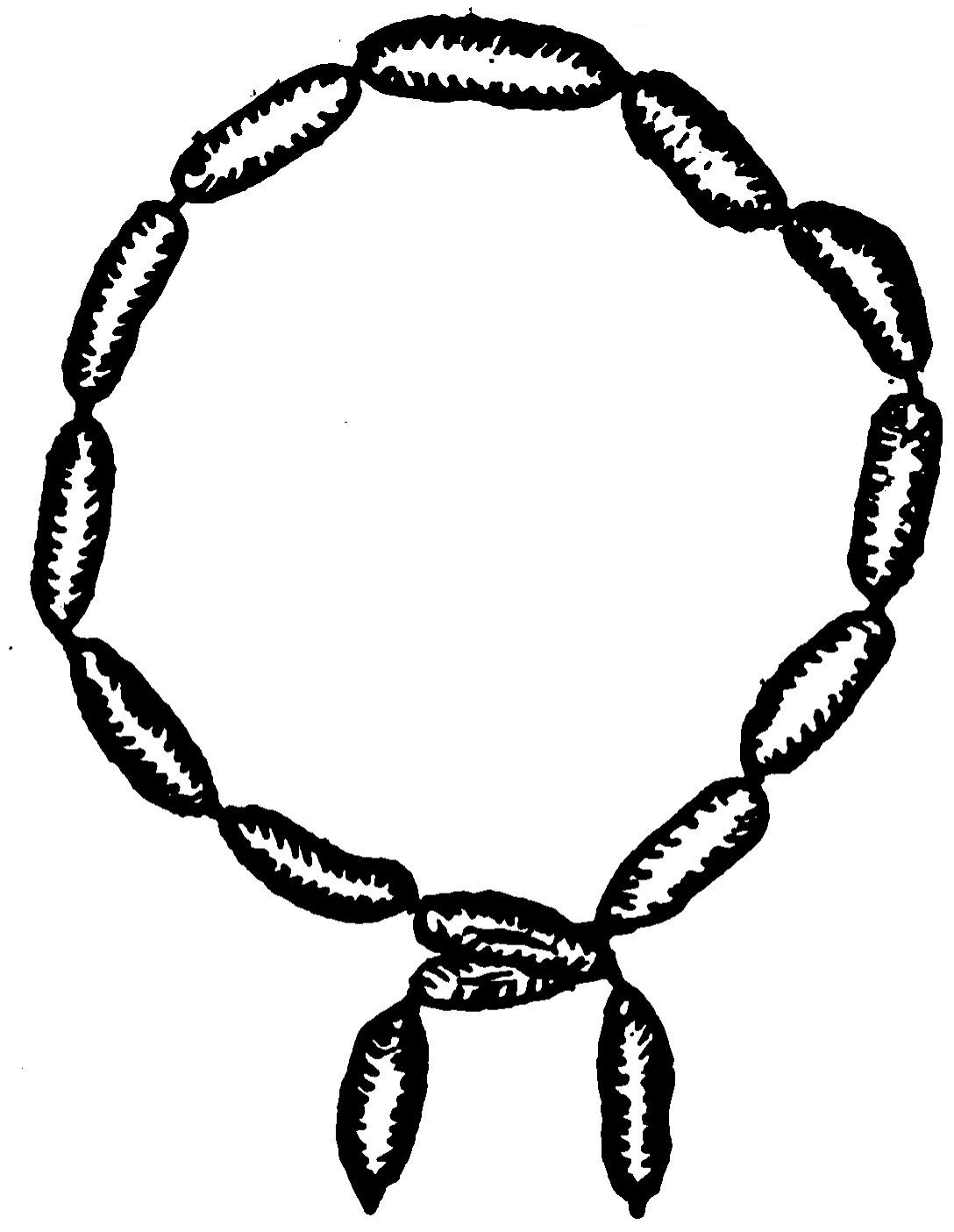 A simple black-and-white ink illustration depicting a circular necklace or string made of thirteen sausages, with two additional matching links hanging straight down from the bottom center closure.