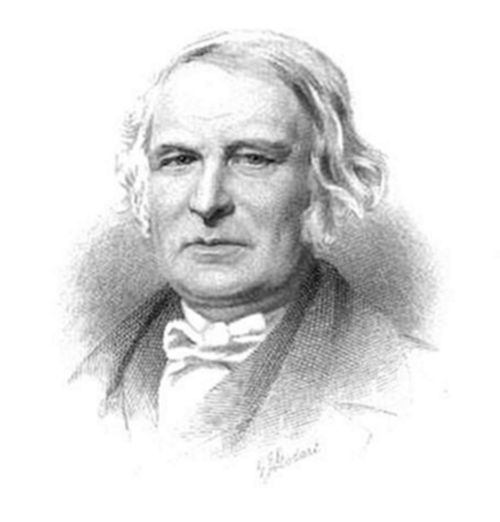 An
engraved portrait of a balding, middle-aged or older man with wavy
shoulder-length hair, depicted in formal attire with a high collar and
large bow tie.