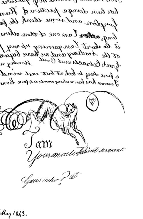 A handwritten
letter page with mirror-written text at the top (meant to be read
backwards), closing with a decorative flourish and a sketch of a
leaping horse beneath a small framed vignette.