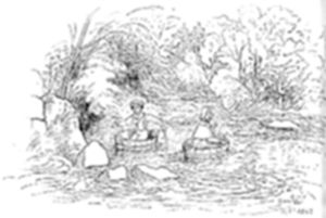 A
pen-and-ink sketch of two children sitting in wash-tubs floating on a
river, with overhanging trees and rocky banks framing the scene.