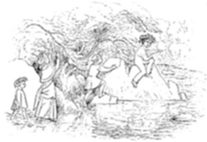 A
pen-and-ink sketch of a group of figures gathered by a riverbank
beneath overhanging branches, with one perched on a rock above the
water and others wading or standing along the shore.