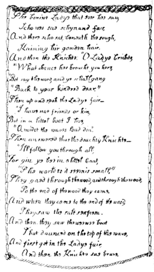 A handwritten
page of archaic-style verse continuing The Vampyre poem, framed by
a rope-and-leaf border, describing the comely lady combing her golden
hair by the brook and the knight's vow to follow her wherever she
goes.