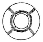 A simple
geometric diagram showing two concentric circles with a textured,
hatched ring pattern between them, divided into four segments by
diagonal lines crossing through the center.