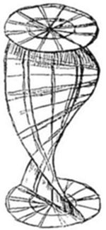 A
geometric line drawing depicting a twisted, hourglass-like surface
with two circular disks at top and bottom connected by curving,
hyperboloid-shaped lines that spiral around a narrow waist in the
middle.
