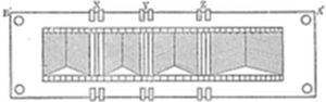 A simple
rectangular diagram with hatched borders on all sides and four small
tabs or fasteners along the top and bottom edges, containing a series
of triangular or fan-shaped patterns within the enclosed area.