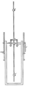 A technical
diagram showing a tall vertical apparatus with a long rod or wire
extending from top (M) to bottom (M'), passing through a central
cross-shaped piece labeled A, C, and B, flanked by two large
disk-shaped wheels labeled P and P' on either side.