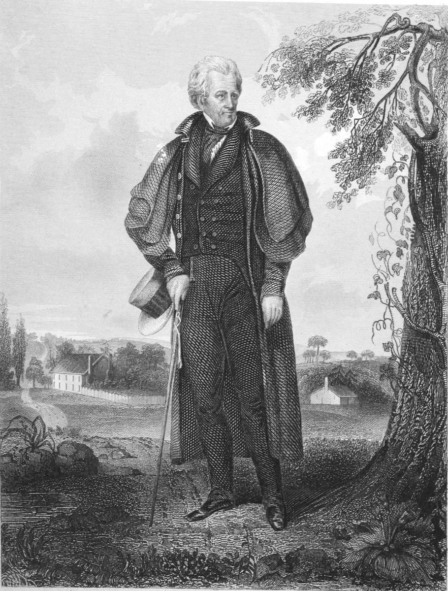full-length portrait, wearing a suit, holding a sword in his right hand; pastoral background