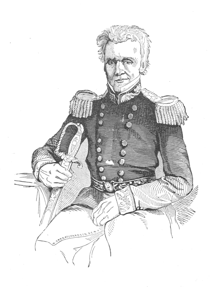 portrait; seated in uniform, holding a sword below the hilt in his right hand.