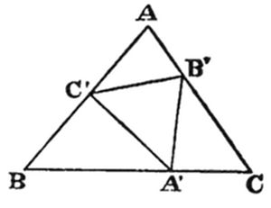 Large
triangle with vertices A (top), B (bottom left), and C (bottom right).
Midpoints A' (on BC), B' (on AC), and C' (on AB) form an inscribed
medial triangle A'B'C', with all six connecting segments drawn,
creating four smaller congruent triangles inside.