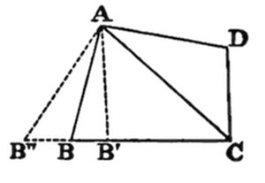 Rectangle
ADCD with vertices A (top left), D (top right), C (bottom right), and
B' (bottom, left of C). Point B lies on the base between B″ and B',
with dashed lines from A to B″ (external left point) and solid cevians
from A to B and B', forming overlapping triangles on a shared base.