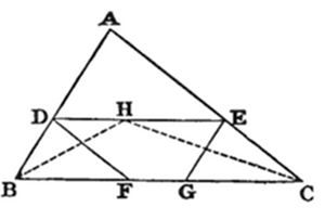 Large
triangle with vertices A (top), B (bottom left), C (bottom right).
Segment DE is parallel to BC with D on AB and E on AC. Points F and G
lie on BC, H on DE. Solid and dashed cevians cross between D, E, F, G,
H, forming an inner quadrilateral with intersecting diagonals.