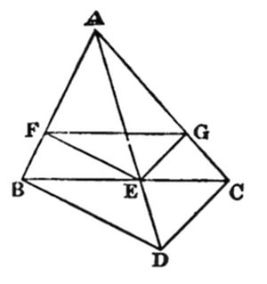 A geometric
figure with apex A (top), base vertices B (left), C (right), D
(bottom), and midpoints F (upper left), G (upper right), E (center).
Multiple triangulating segments connect all vertices, forming a faceted
diamond-like shape with a small triangle marked at apex A.