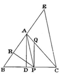 Triangle
ABC (lower, vertices B bottom-left, C bottom-right, A upper-middle)
overlaps with triangle BEC (larger, apex E upper-right). Interior
points R (on AB), D, P (on BC), and Q (on AC/AE) mark cevian
intersections, with multiple segments drawn through A creating a dense
central crossing.