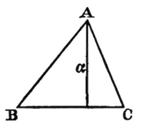 A triangle
with vertices A (top), B (bottom left), and C (bottom right). A
vertical altitude is drawn from apex A perpendicular to base BC, with
the altitude labeled α, dividing the base into two segments.