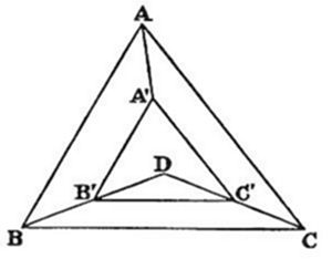 A triangle
with vertices A (top), B (bottom left), C (bottom right). Interior
triangle A'B'C' is inscribed with A' (upper middle), B' (lower left),
C' (lower right). Point D lies at the center of A'B'C', with cevians
from each outer vertex through the inner triangle converging near D.