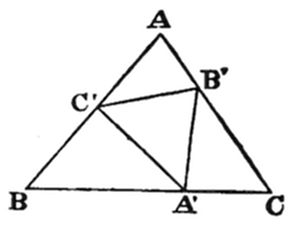A triangle
with vertices A (top), B (bottom left), C (bottom right). Midpoints
A' (on BC), B' (on AC), and C' (on AB) form inscribed medial triangle
A'B'C'.