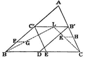 Large
triangle with vertices A (top), B (bottom left), C (bottom right).
Midpoints B' (upper right) and C' (upper left) with points D, E on BC.
Interior points G, K, L, H, F, R mark cevian intersections, with solid
and dashed segments forming a dense network of crossing lines and a
central quadrilateral region.