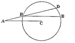 A circle
with external point A to the left. Two secants are drawn from A: one
passing through chord points B and E (lower), and another through B and
D (upper), with C marked on the lower secant inside the circle.