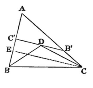 A triangle
with vertices A (top left), B (bottom left), C (bottom right). Interior
point D lies centrally with cevians from each vertex. Points C' (on
AB, upper left), B' (on AC, middle right), and E (on AB below C') are
marked, with dashed lines from D and B extending toward C.