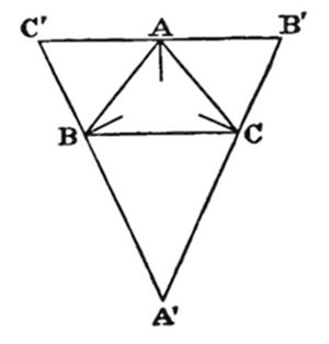 A large
inverted triangle with vertices C' (top left), B' (top right), and
A' (bottom). Inner triangle ABC is inscribed with A (top center), B
(middle left), and C (middle right).