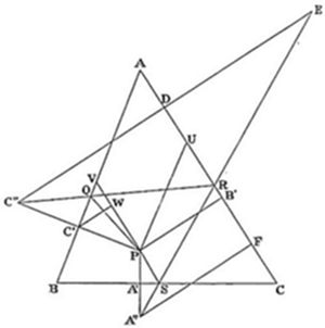 Three
overlapping triangles sharing a central region, with outer vertices A
(top), B (bottom left), C (bottom right), E (far upper right), C'' (far
left), A'' (bottom center). Interior points D, U, V, Q, W, R, P, S, F,
C', B', A' mark cevian and transversal intersections, forming a dense
star-like projective configuration.