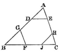 A triangle
with vertices A (top right), B (bottom left), C (bottom right). A
horizontal transversal cuts across the interior with points D (on AB)
and E (on AC), and intermediate points G and H. Points F and J lie on
base BC between B and C, with segments connecting G to F and H to J,
forming a trapezoid with inner subdivisions.