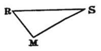 A plain
triangle with vertex R at the upper left, S at the upper right, and M
at the bottom center. The triangle is scalene and undecorated, with
bold labeled vertices and no interior markings.