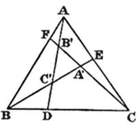 A triangle
with vertices A (top), B (bottom left), C (bottom right). Medial
triangle A'B'C' is inscribed with B' (upper center), C' (middle left),
A' (lower center). Points F (on AB), D (on BC), and E (on AC) mark
cevian feet, with multiple crossing segments connecting all labeled
points, forming a dense inner network.