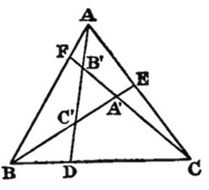 A geometric
diagram of triangle ABC with multiple interior points A', B', C', D, E,
F and intersecting cevians.