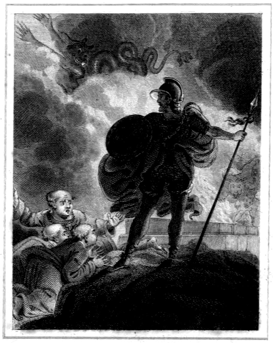 A classic black-and-white engraving showing a warrior in classical armor, helmet, and cape standing on a hill holding a spear and shield. He looks up toward a winged, demonic figure in the stormy clouds while a group of distressed, tonsured monks cowers at his feet.