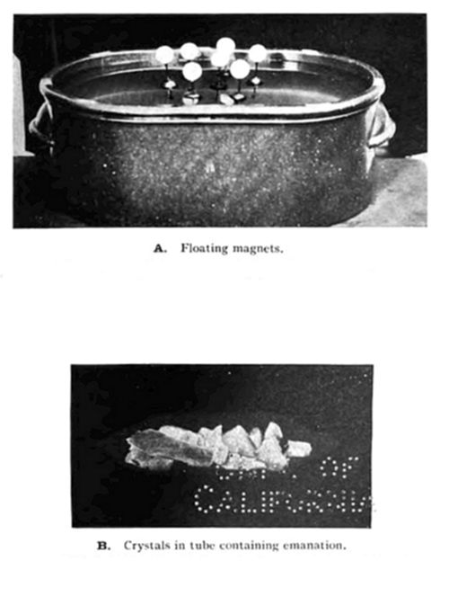 Two-part
illustration: (A) floating magnets — small white spheres arranged in a
symmetric pattern floating atop water in a metal basin; (B) crystals in
tube containing emanation.