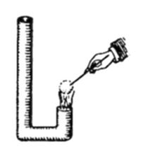 A simple line
drawing showing a hand using a small wand to apply something at the
bottom of a U-shaped tube, with one side taller than the other.