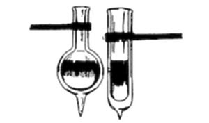 A diagram
showing two glass vessels of different shapes — a round-bottomed flask
and a straight test tube — each pierced through and suspended by a
horizontal rod.