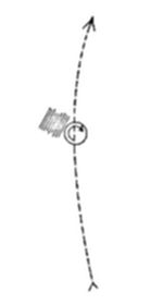 A diagram
showing a curved dotted trajectory path with a small circular symbol
and a hatched rectangular element intersecting the path.