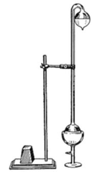 A diagram
of a laboratory apparatus showing a round-bottomed flask mounted on
a stand, connected by a tube rising vertically to a smaller bulb or
funnel at the top.