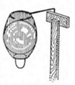 A diagram
showing a round, textured balloon-like or bladder shape attached by a
string to a wooden T-shaped support post.