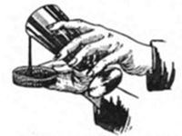 A diagram
showing a hand pouring liquid from a small container onto a surface,
with a coin-like disc to the left and a jagged/textured shape to the
right.
