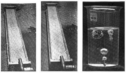 Three-part
illustration: (A) stormy water — a photo of a rippling, turbulent water
surface in a long trough; (B) oil stilling the storm — the same trough
with a calmer, smoother water surface, demonstrating oil's effect of
dampening waves; (C) grape in soda water.