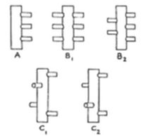 A diagram
showing five labeled configurations (A, B₁, B₂, C₁, C₂) of vertical
bars with small comb-like protrusions or teeth arranged differently on
each.