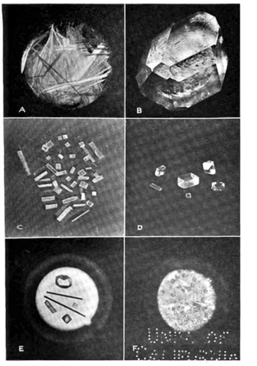 A six-panel
plate (A–F) of crystal formations: (A) needle-like crystal cluster;
(B) a large faceted single crystal; (C) scattered rectangular/blocky
crystal fragments; (D) a sparser arrangement of similar fragments; (E)
crystals under magnification with reference lines; (F) a granular,
textured crystal surface.