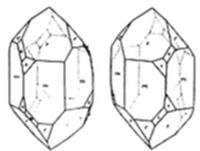 A diagram
showing two identical faceted crystal shapes side by side, each with
multiple flat faces outlined and small numbers labeling specific
facets.